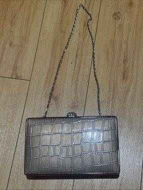 Metallic Goldish Croc-Embossed Evening Clutch with Chain Strap